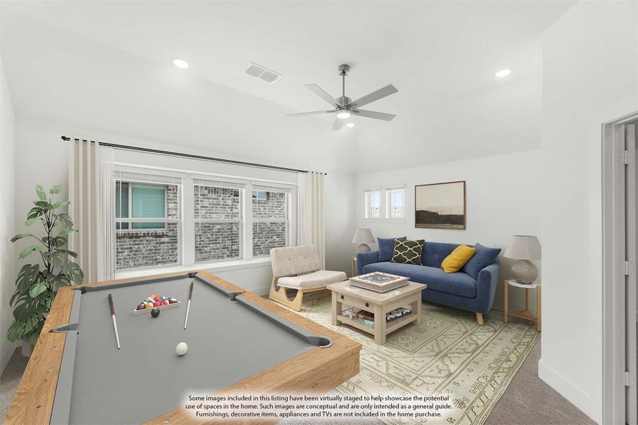 Game room with pool table, blue sofa, ceiling fan, and large windows in a bright open space