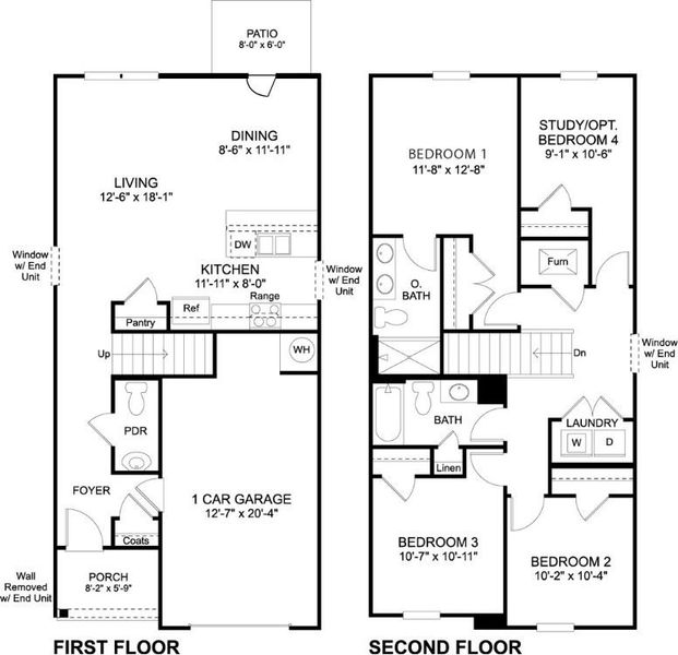 2D floor plan layout for the Mitchell Townhome by D.R. Horton in Belcourt Landing, Cleveland, TN (Image 3).