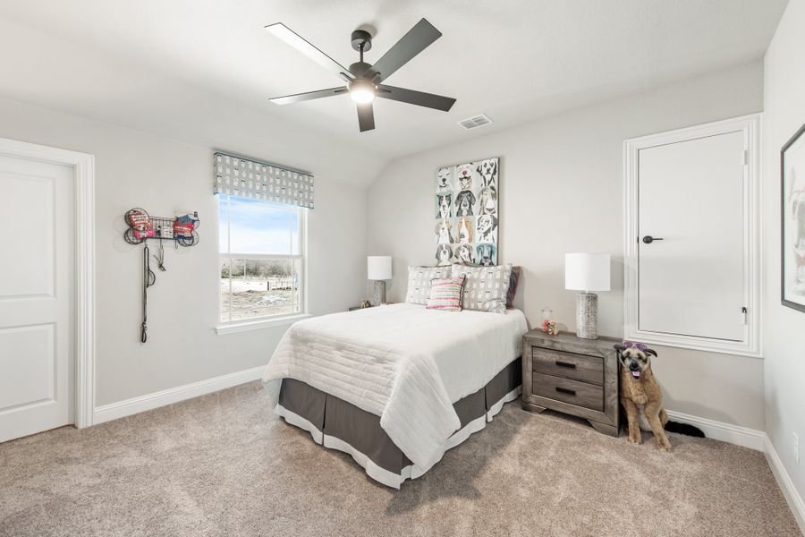 Bedroom with vaulted ceiling, ceiling fan, carpet floors, and a dog sitting beside the nightstand Bedroom with vaulted ceiling, ceiling fan, carpet floors, and a dog sitting beside the nightstand