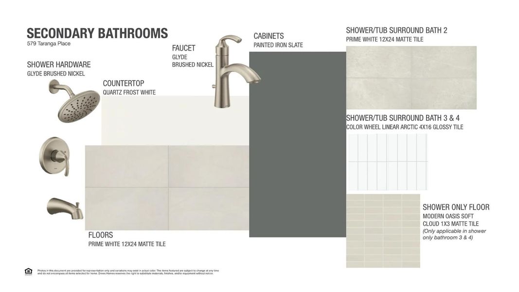 Visualize design selections for secondary bathrooms, featuring matte tiles and brushed nickel fixtures.
