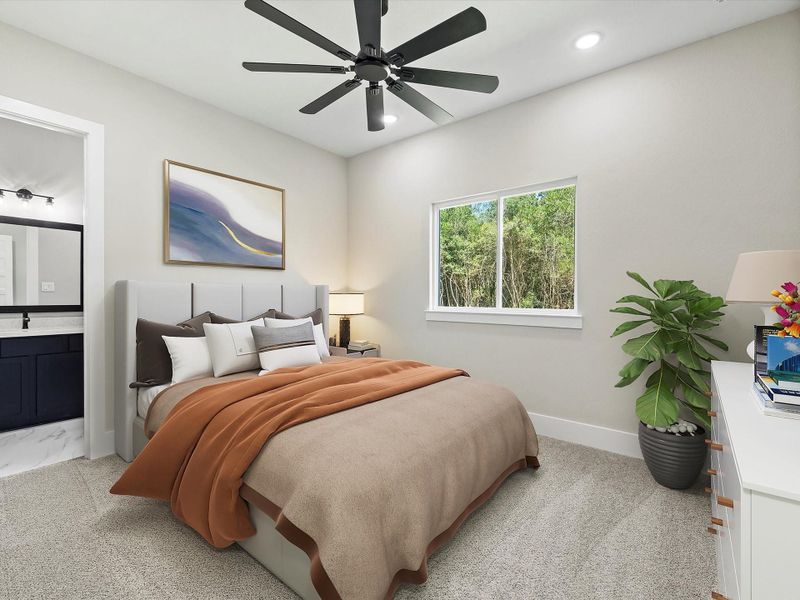 Virtually staged bedroom # 2 features plush carpet, modern ceiling fan and ensuite bathroom. Virtually staged bedroom # 2 features plush carpet, modern ceiling fan and ensuite bathroom.