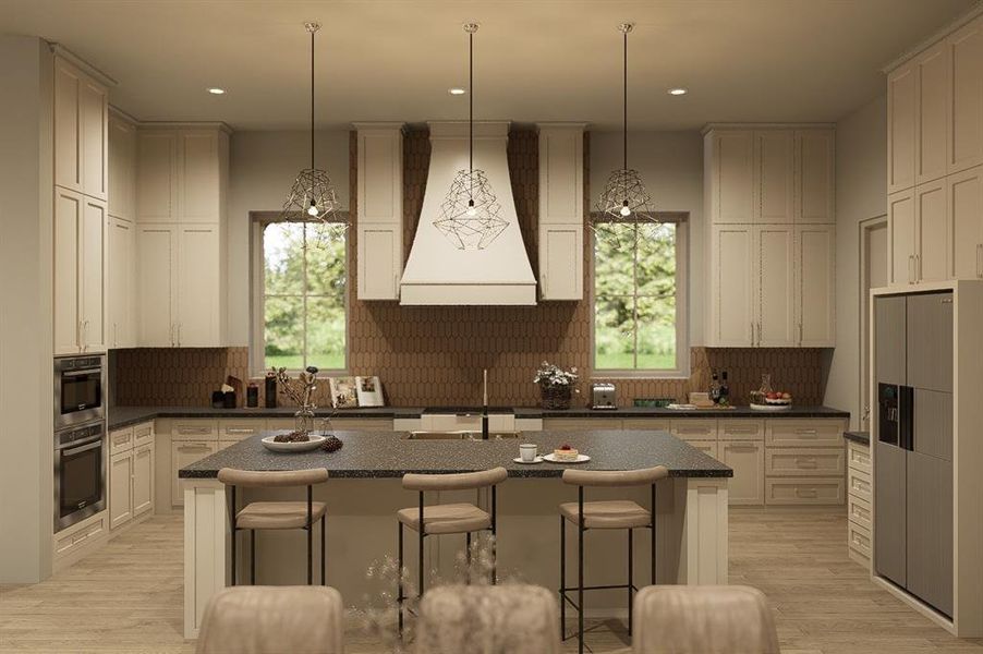 Kitchen with decorative light fixtures, a breakfast bar area, and a center island with sink
- Architectural Rendering