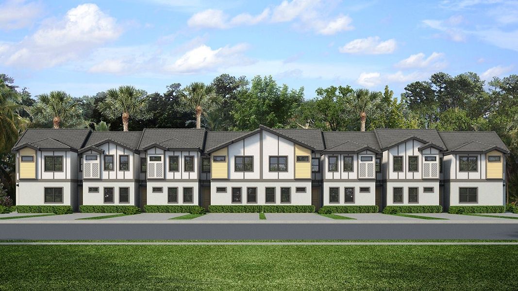 Representative exterior photo of a completed home built from the Latitude Bonus Townhome by Park Square Residential in Paradiso Grande, Orlando, FL (Image 1). Representative exterior photo of a completed home built from the Latitude Bonus Townhome by Park Square Residential in Paradiso Grande, Orlando, FL (Image 1).