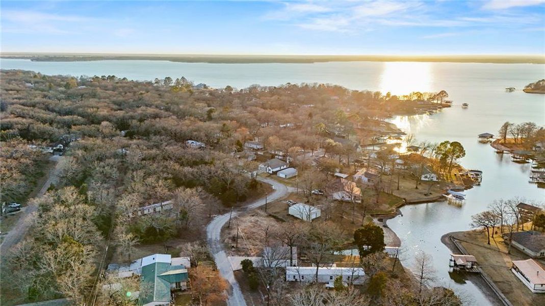Aerial view of a nearby body of water