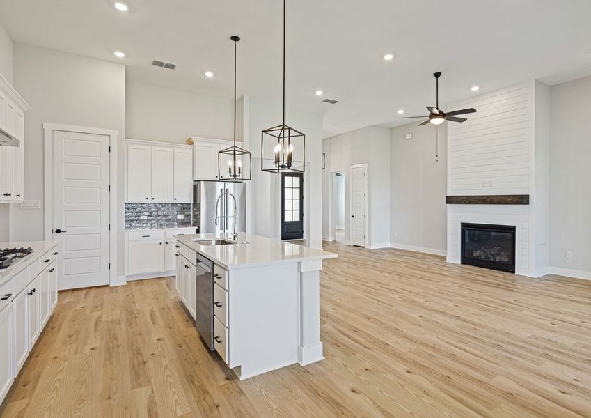 The living room sits right off of the kitchen.