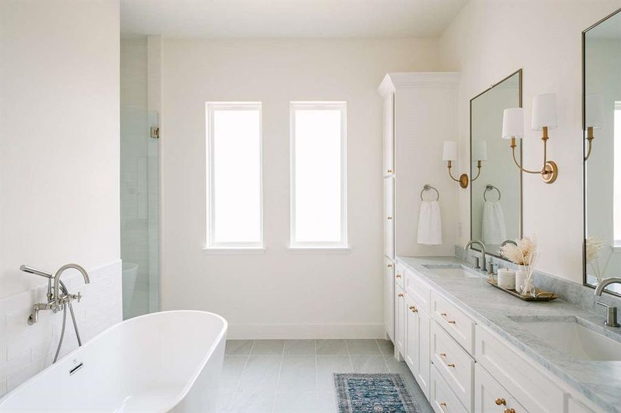 Bathroom with tile patterned floors, vanity, and plus walk in shower