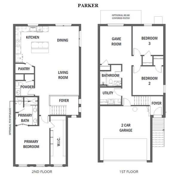 2D floor plan layout for the The Parker by Rosehaven Homes in Friedrich Hill, San Antonio, TX (Image 3).