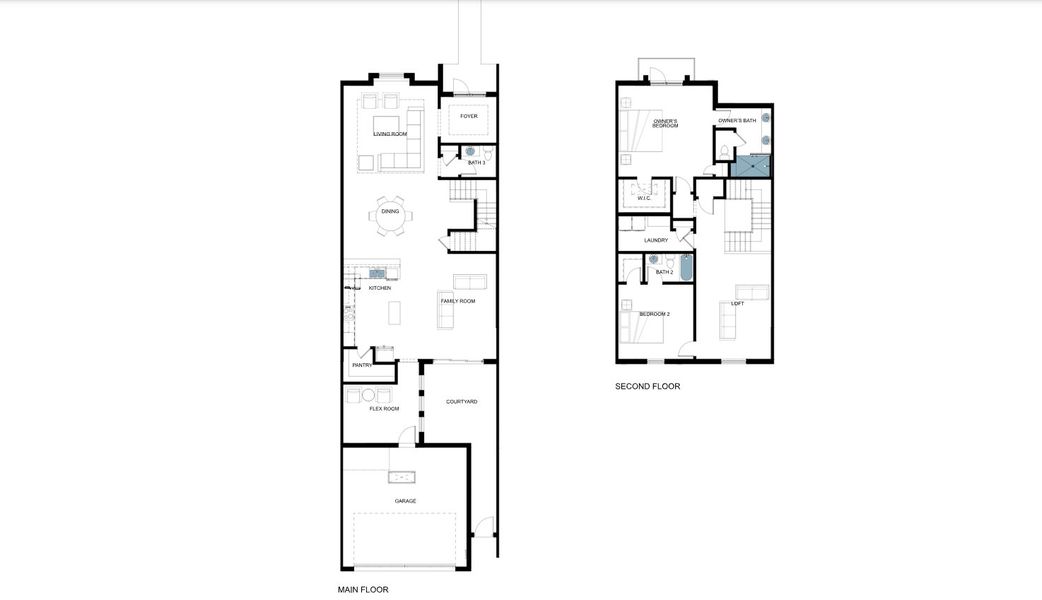 2D floor plan layout for the Pigeon Plum by Medallion Home in Aqua Townhomes, Bradenton, FL (Image 2). 2D floor plan layout for the Pigeon Plum by Medallion Home in Aqua Townhomes, Bradenton, FL (Image 2).