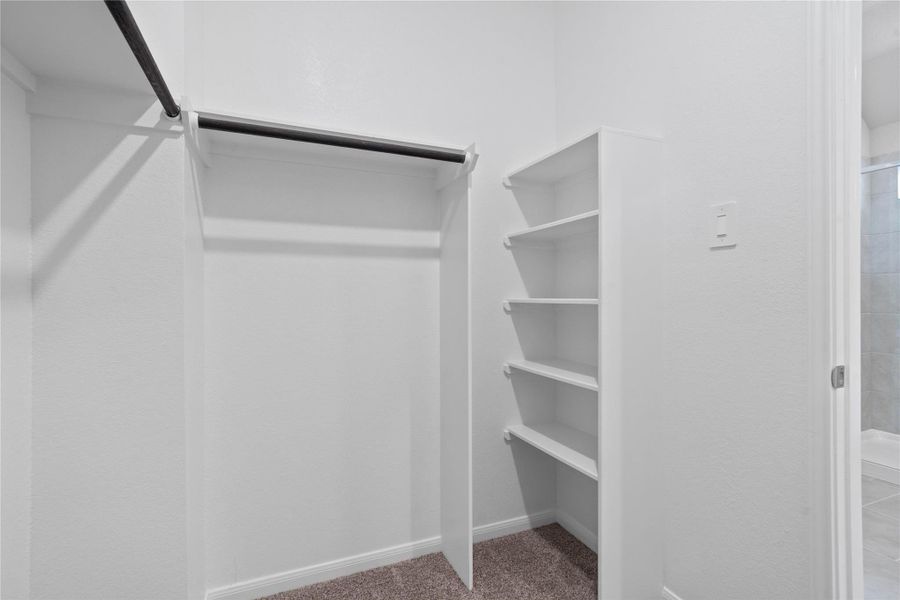 The primary suite features a generous walk-in closet equipped with functional hanging rods and shelving.