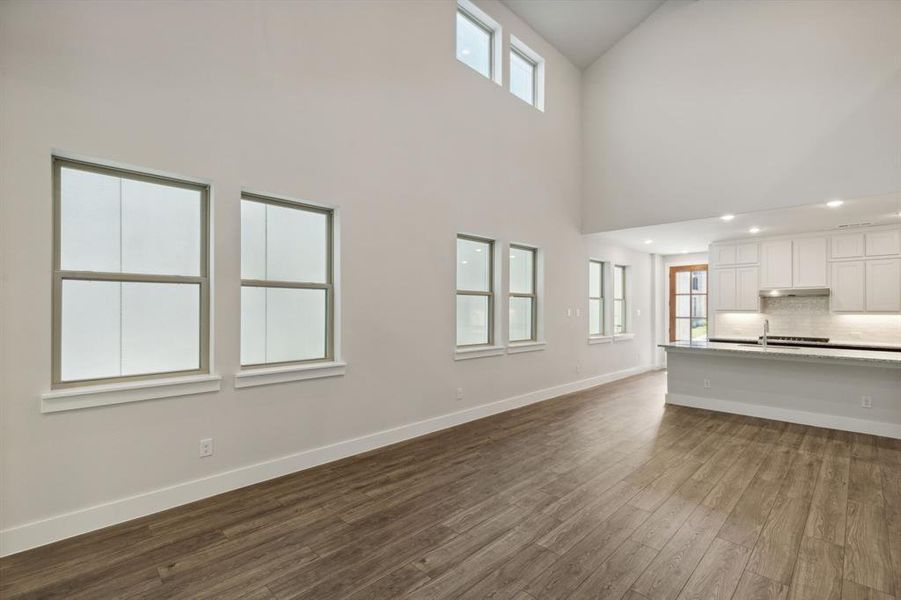 Unfurnished living room with dark wood-style floors, a high ceiling, a healthy amount of sunlight, and baseboards