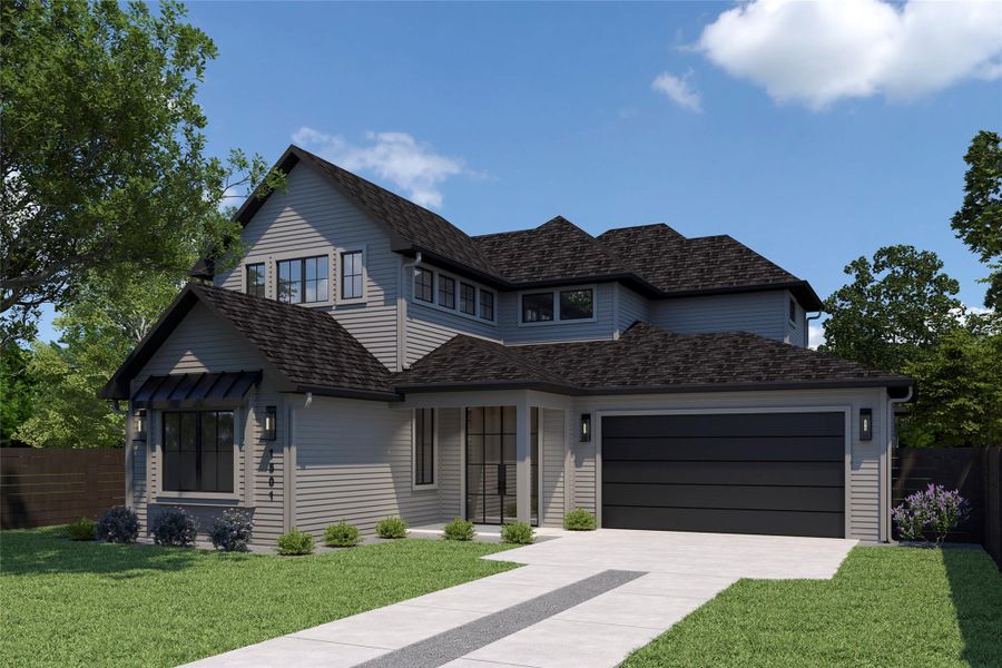 View of front facade with a front yard and a garage