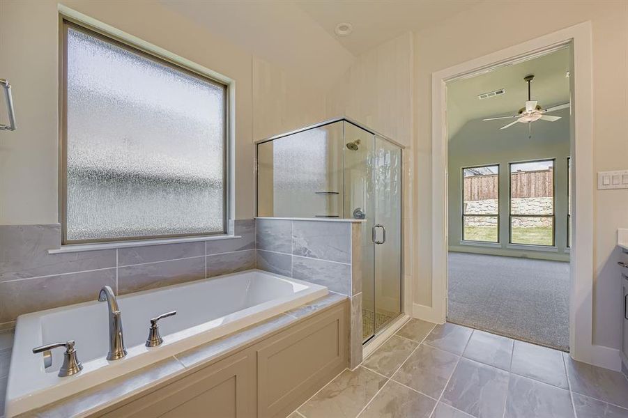 Bathroom featuring a stall shower, a garden tub, vanity, a ceiling fan, and vaulted ceiling