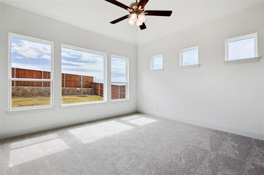 Unfurnished room featuring light carpet, healthy amount of natural light, and a ceiling fan