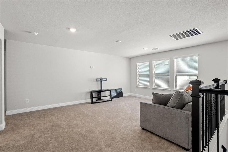 Living room featuring light colored carpet and a textured ceiling