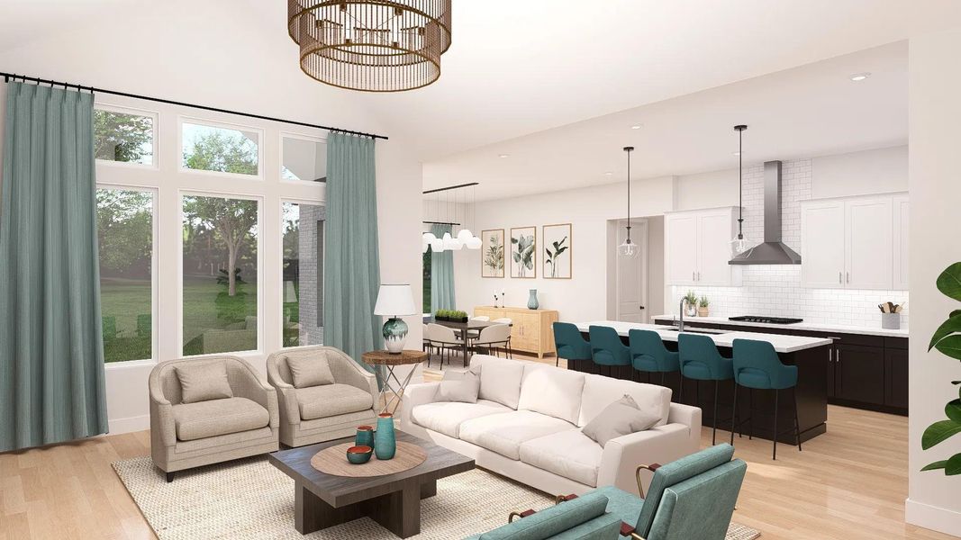 Natural light pours into this open-concept living space, highlighting the kitchen island with seating and sleek range hood. Natural light pours into this open-concept living space, highlighting the kitchen island with seating and sleek range hood.