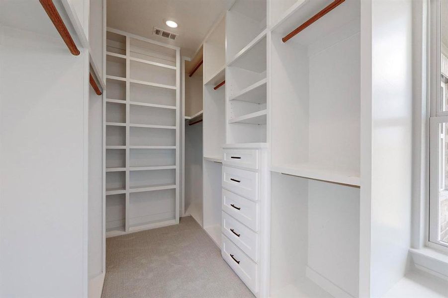 Spacious closet featuring light carpet