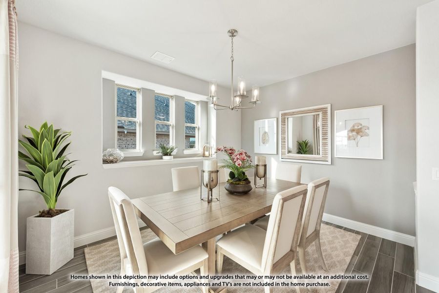 Dining room with wood table, white chairs, chandelier, and large windows Dining room with wood table, white chairs, chandelier, and large windows