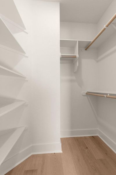 Walk in closet with light wood-style floors