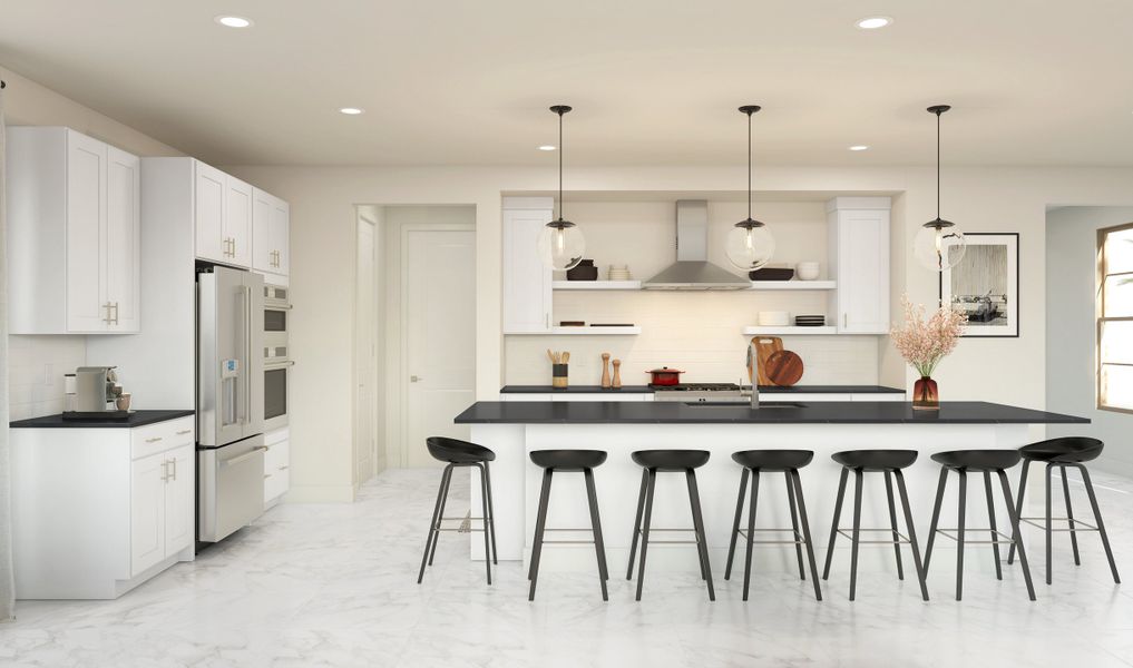 Kitchen with floating shelves and pendant lighting