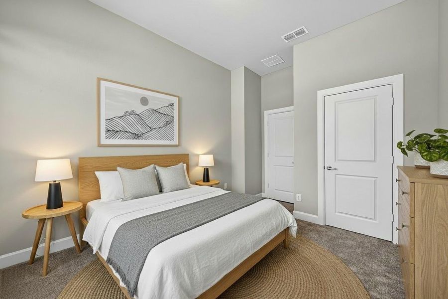 Beautifully virtually staged bedroom showcasing modern elegance and inviting comfort. Beautifully virtually staged bedroom showcasing modern elegance and inviting comfort.