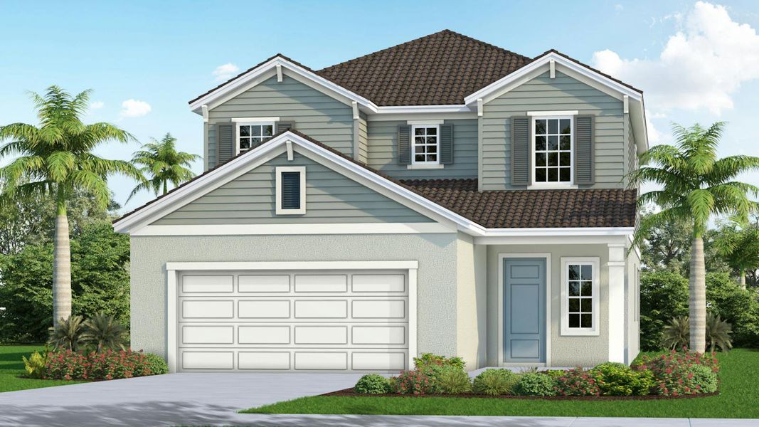 Front exterior of a new home in Palm Grove Real Estate and Homes for Sale in Lakewood Ranch, FL - Neal Communities, Lakewood Ranch, FL, highlighting curb appeal (Image 4).