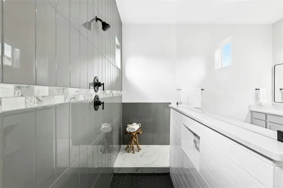 Full bath with a walk in shower and mud set floors Full bath with a walk in shower and mud set floors