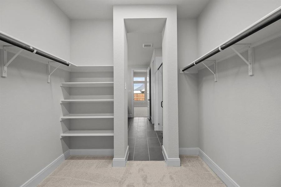 Walk-in closet featuring built-in shelving, hanging rods, and carpet flooring Walk-in closet featuring built-in shelving, hanging rods, and carpet flooring
