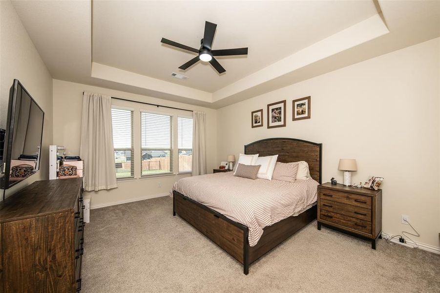 Bedroom featuring light colored carpet, a tray ceiling, and a ceiling fan