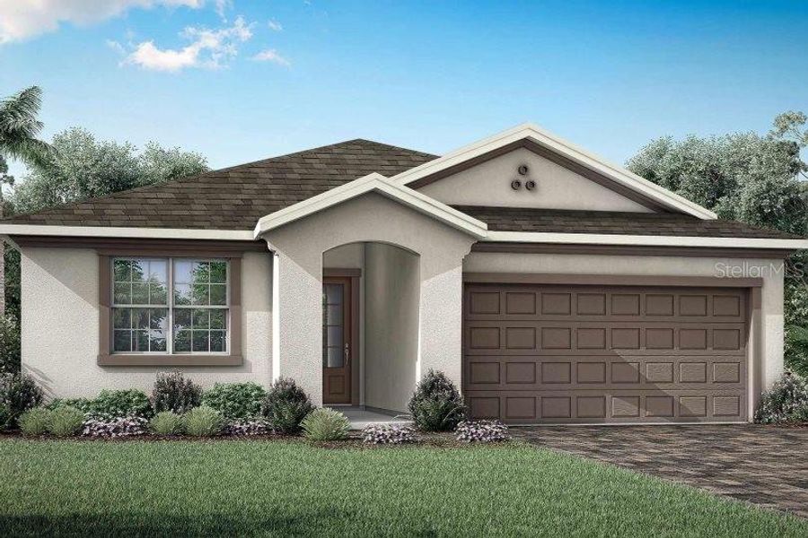 Front exterior of a new home in Crosswind Ranch, Parrish, FL, highlighting curb appeal (Image 1). Front exterior of a new home in Crosswind Ranch, Parrish, FL, highlighting curb appeal (Image 1).