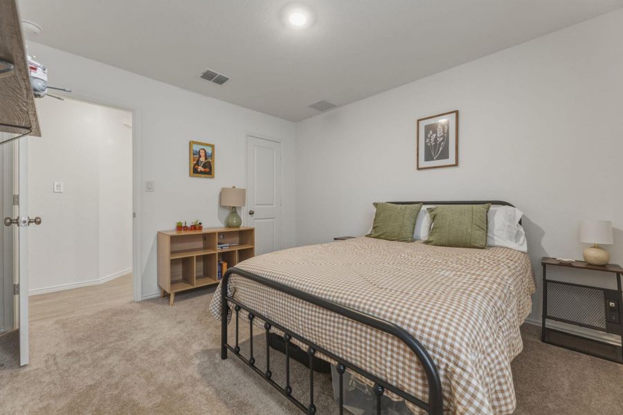 This room features light-colored carpeting, a white door, and a ceiling light fixture