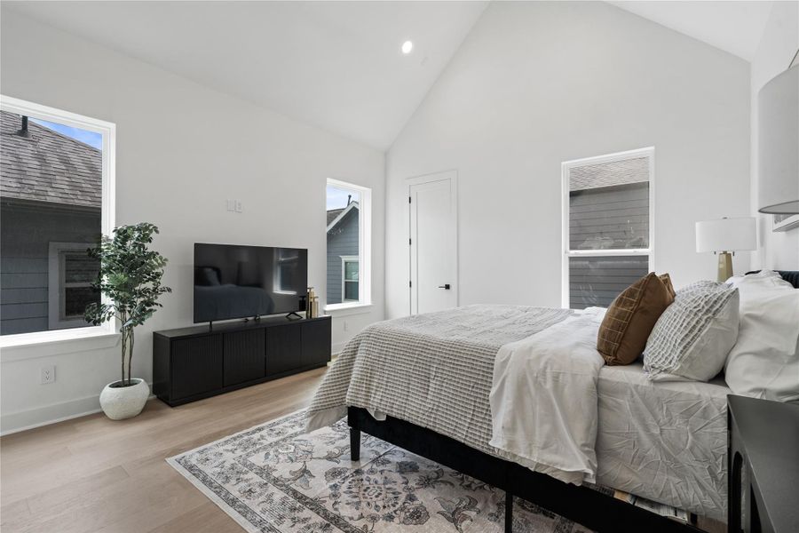 Elevated on the third floor, the primary suite reads as a tranquil pavilion—its vaulted geometry and dual exposures shaping a calm, luminous volume. Solid-core doors and a discreet vestibule preserve privacy, while intuitive circulation draws you toward the ensuite spa and custom wardrobe. Quietly luxurious, purposefully composed. Elevated on the third floor, the primary suite reads as a tranquil pavilion—its vaulted geometry and dual exposures shaping a calm, luminous volume. Solid-core doors and a discreet vestibule preserve privacy, while intuitive circulation draws you toward the ensuite spa and custom wardrobe. Quietly luxurious, purposefully composed.