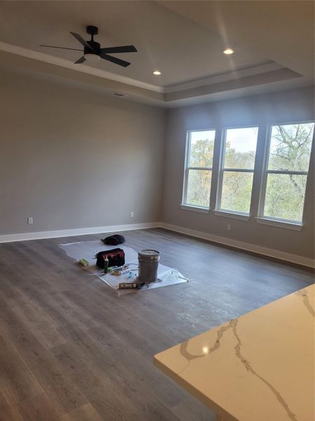 Unfurnished room with dark wood-style flooring, a tray ceiling, a ceiling fan, and recessed lighting