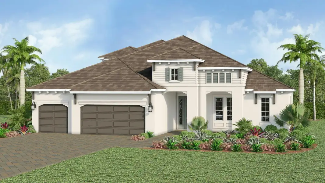 Front exterior of a new home in Kingston South Real Estate and Homes for Sale in Estero, FL - Neal Communities, Estero, FL, highlighting curb appeal (Image 4). Front exterior of a new home in Kingston South Real Estate and Homes for Sale in Estero, FL - Neal Communities, Estero, FL, highlighting curb appeal (Image 4).
