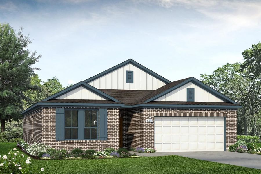 Rendering of one story home with white board and batten and garage, blue accents, and dark brick with a driveway and landscaping Rendering of one story home with white board and batten and garage, blue accents, and dark brick with a driveway and landscaping