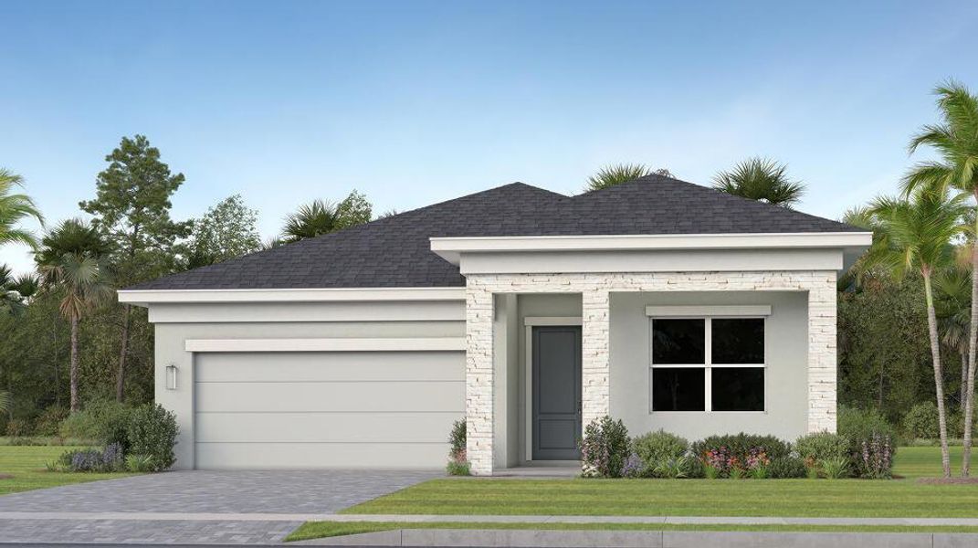Front exterior of a new home in Glynlea Country Club: The Pinehurst Collection, Port St. Lucie, FL, highlighting curb appeal (Image 1).