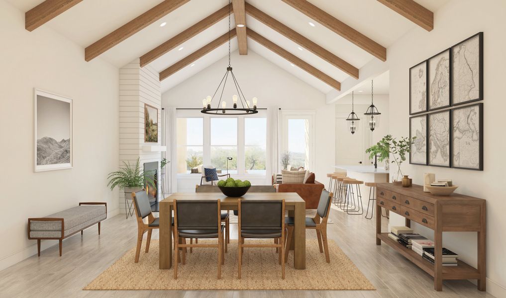 Dining area with vaulted ceiling and stained ceiling beams Dining area with vaulted ceiling and stained ceiling beams