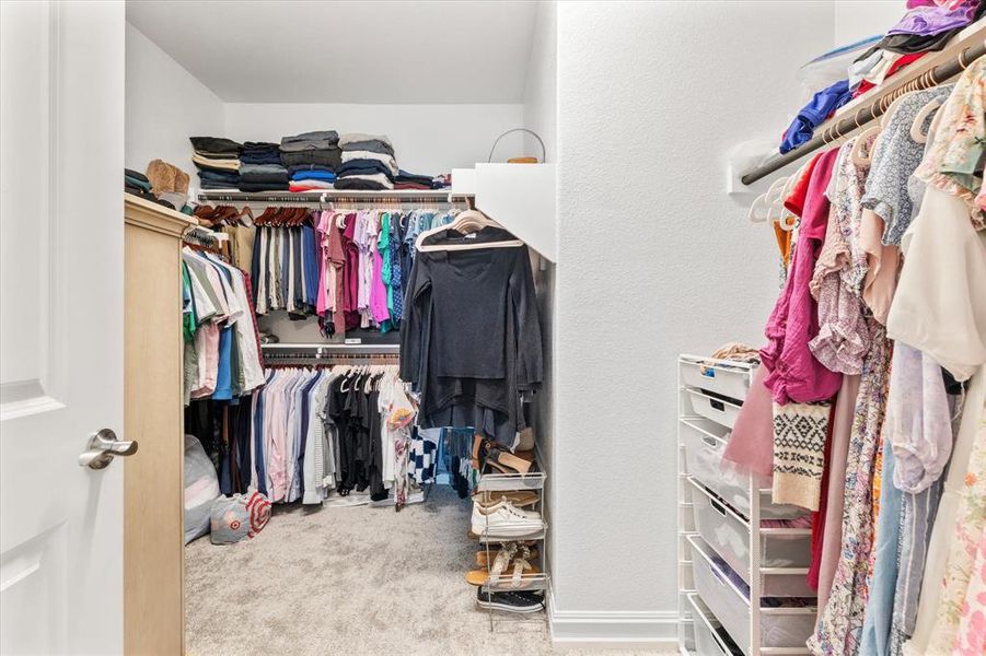 Walk in closet featuring light colored carpet Walk in closet featuring light colored carpet