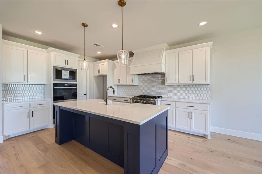 Kitchen with sink, tasteful backsplash, premium range hood, light hardwood / wood-style floors, and white cabinets