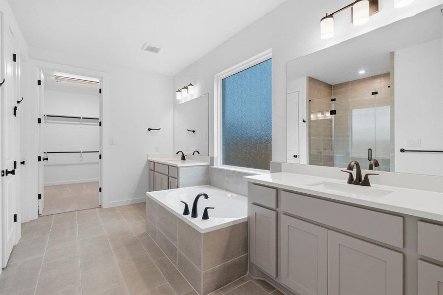 Primary Bath retreat with dual vanities & garden tub
