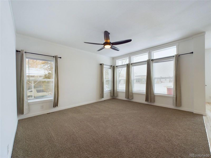 Living room featuring carpet floors, Transom windows, and ceiling fan