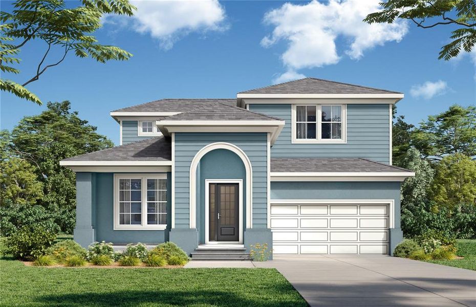 Front exterior of a new home in Primrose at Longleaf, New Port Richey, FL, highlighting curb appeal (Image 1). Front exterior of a new home in Primrose at Longleaf, New Port Richey, FL, highlighting curb appeal (Image 1).