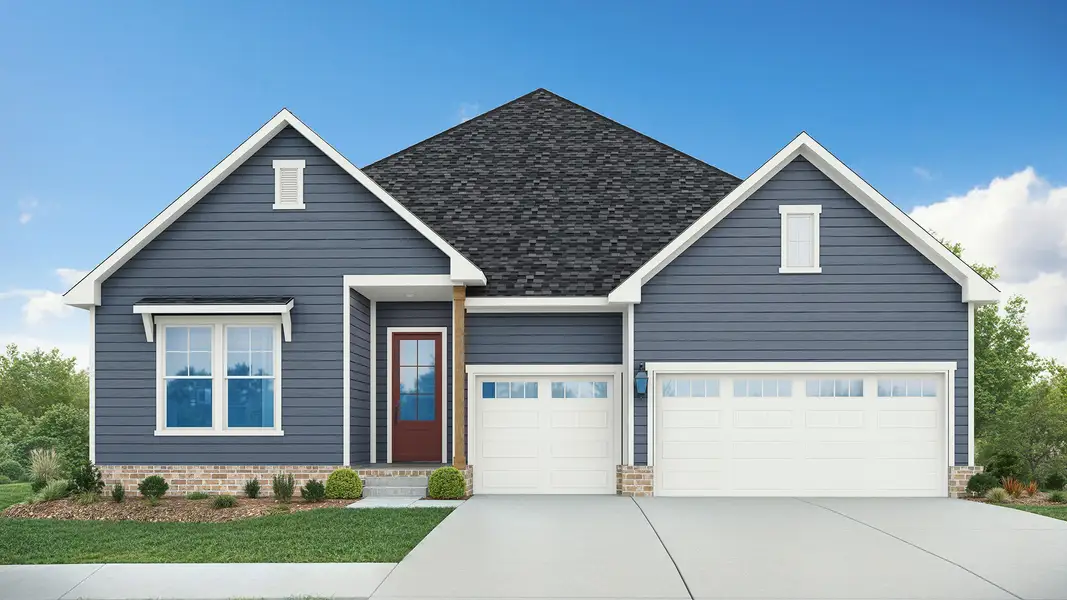 Exterior Elevation with siding, brick accents, and 3-car garage Exterior Elevation with siding, brick accents, and 3-car garage