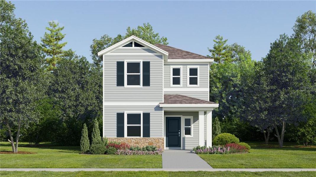 Front exterior of a new home in The Glades at Crossprairie: Cottage Alley Collection, St. Cloud, FL, highlighting curb appeal (Image 1). Front exterior of a new home in The Glades at Crossprairie: Cottage Alley Collection, St. Cloud, FL, highlighting curb appeal (Image 1).