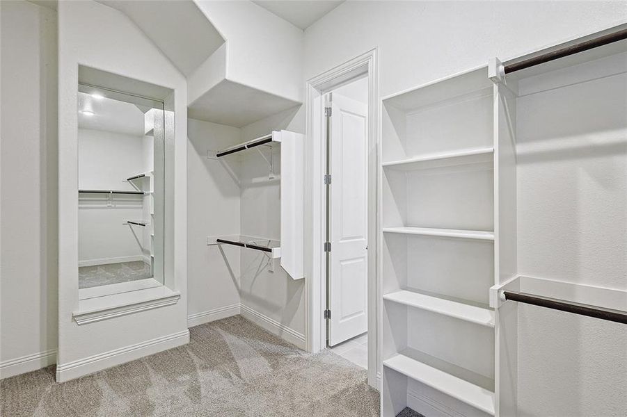 Walk in closet featuring light carpet