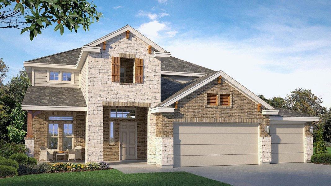 Crafted from stone and brick, this two-story residence presents a classic aesthetic with a welcoming front entry. Crafted from stone and brick, this two-story residence presents a classic aesthetic with a welcoming front entry.