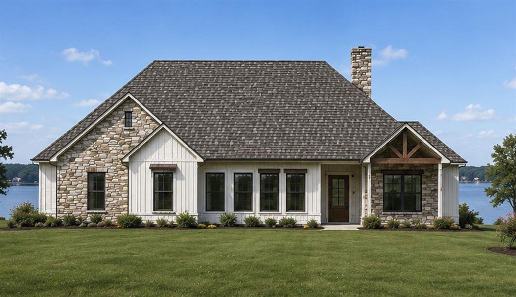 Architectural Elevation of Floor Plan Option 2. Presenting the property's exterior with stone and siding finishes. Option 2 is total square foot of 3233 under roof & the price is $541,060 at this location.