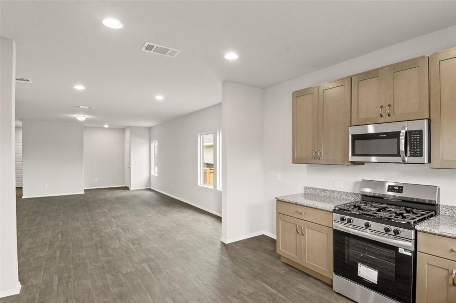 Kitchen with stainless steel appliances, dark wood finished floors, recessed lighting, light stone countertops, and open floor plan