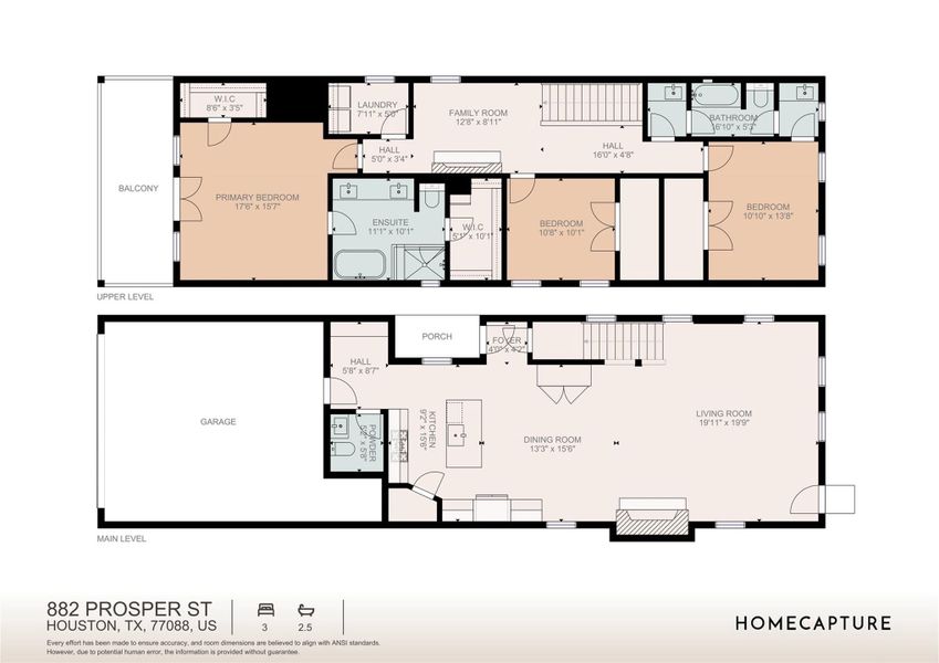 Well-designed two-story floor plan showcasing an open-concept main level with spacious living room, dining area, kitchen with island, powder bath, and attached garage. The upper level features a private primary suite with ensuite bath and walk-in closet, additional bedrooms, full bathroom, family room, laundry area, and a balcony off the primary bedroom, offering a functional and thoughtfully planned layout.