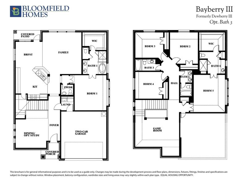 Bloomfield Homes Bayberry III two-story floor plan with five bedrooms, game room, and two-car garage.