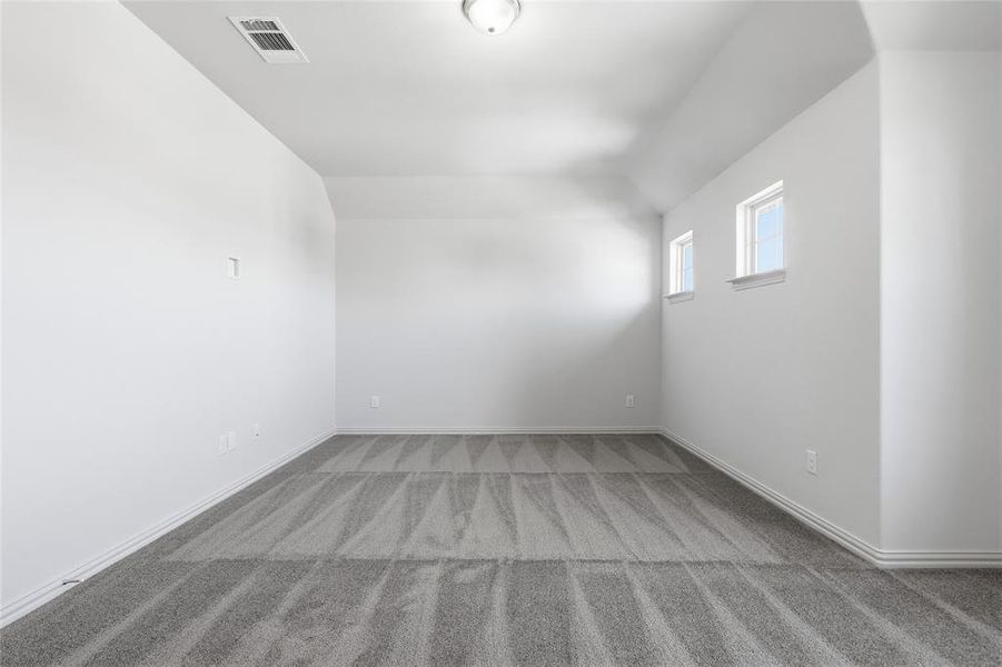 Bonus room with light carpet and baseboards